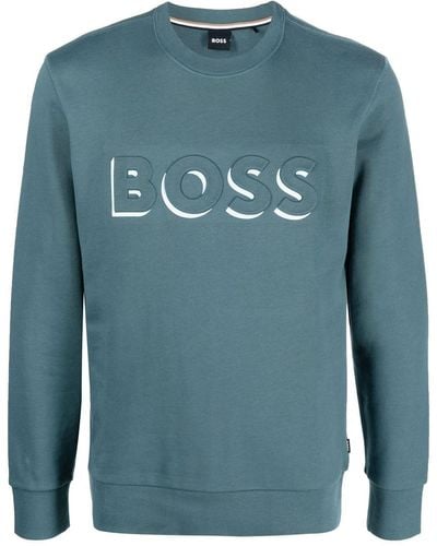 BOSS Logo-emed Cotton Sweatshirt - Blue