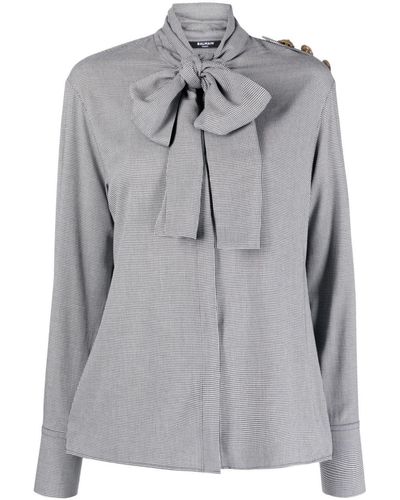 Balmain Houndstooth-pattern Pussy-bow Blouse - Grey