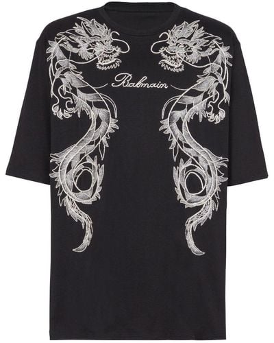 Balmain T-Shirt mit Drachenstickerei - Schwarz