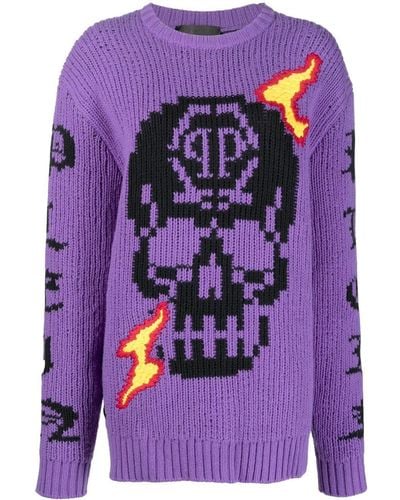 Philipp Plein Skull Intarsia-knit Sweater - Purple