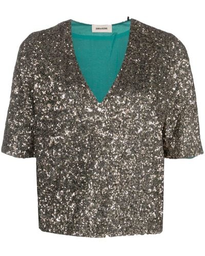 Zadig & Voltaire T-shirt orné de sequins à col v - Gris