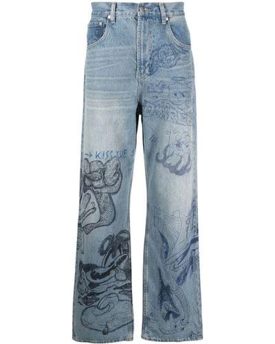 DOMREBEL Graphic-print Straight-leg Jeans - Blue