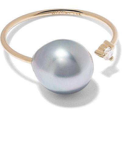 Mizuki 14kt yellow gold diamond pearl open ring - Weiß