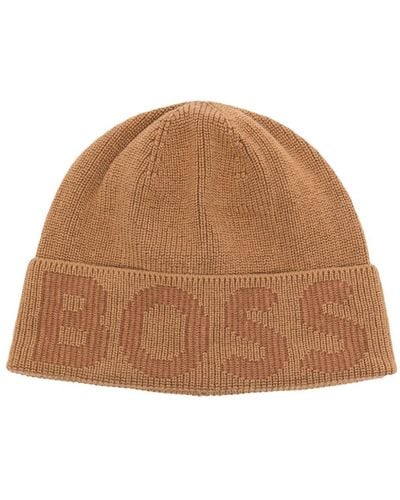 BOSS Jacquard-logo Knitted Beanie - Brown