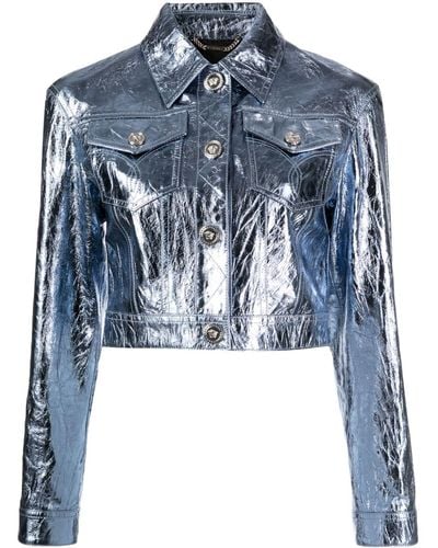 Versace X Dua Lipa Metallic-effect Leather Jacket - Blue