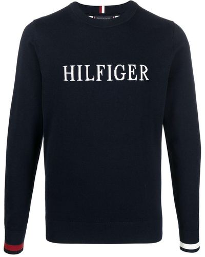 Tommy Hilfiger Intarsia-knit Logo Crew-neck Sweater - Blue