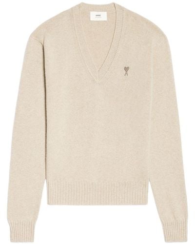 Ami Paris V-neck Knitted Sweater - Natural