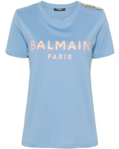 Balmain Katoenen T-shirt Met Logoprint - Blauw