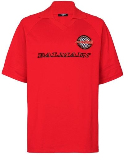 Balmain Logo-patch Cotton Polo Shirt - Red