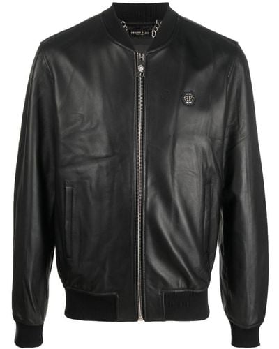 Philipp Plein Logo-patch Leather Bomber Jacket - Black