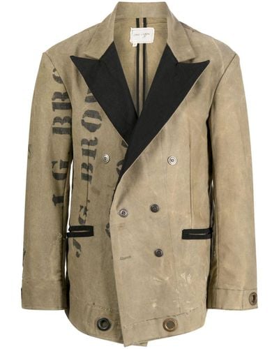 Greg Lauren Double-breasted Text-print Coat - Natural