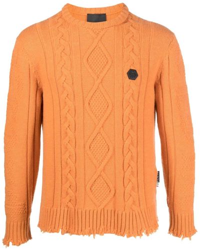 Philipp Plein Distressed Cable-knit Sweater - Orange