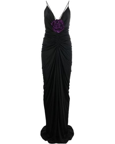 Saint Laurent Vestido fruncido con aplique floral - Negro
