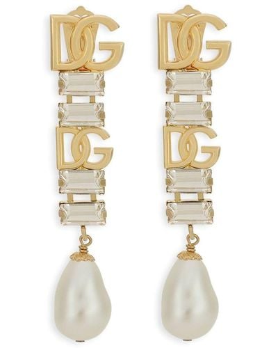 Dolce & Gabbana Dg Logo Crystal And Faux Pearl-detail Drop Earrings - Metallic