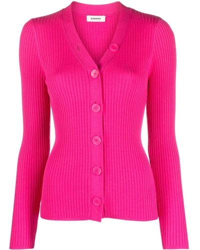 Sandro Ribbed V-neck Cardigan - Pink