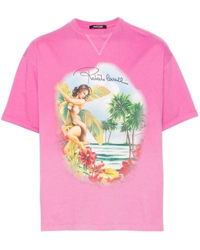 Roberto Cavalli Hawaii-print Cotton T-shirt - Pink