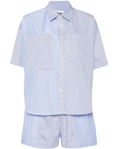 Izzue Classic-collar Striped Shorts Set - Blue