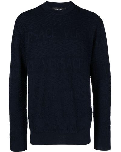 Versace Pull en laine à logo en jacquard - Bleu