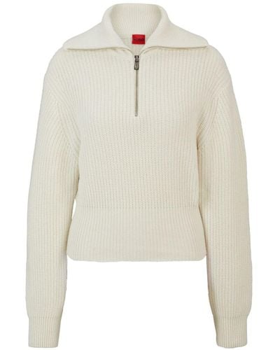 HUGO Ribbed-knit Zip-fastening Sweater - White