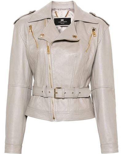 Elisabetta Franchi Belted Leather Biker Jacket - Gray