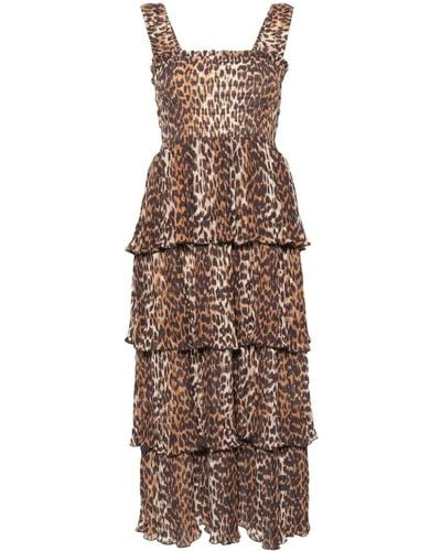 Ganni Gelaagde Midi-jurk Met Luipaardprint - Bruin