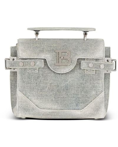 Balmain Tasche B-Buzz 23 aus Denim in Vintage-Optik - Grau