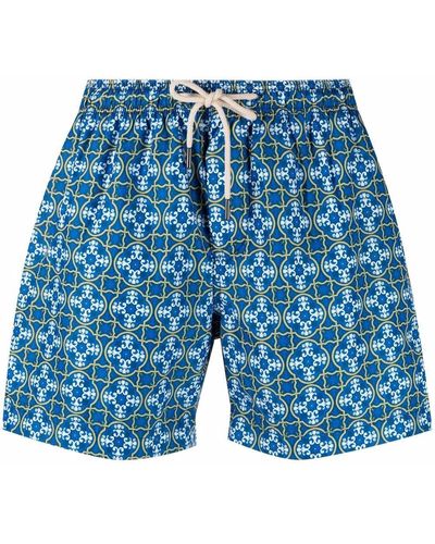 Peninsula Tile-print Drawstring-waist Swim Shorts - Blue