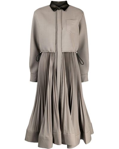 Sacai Pleated Midi Shirt Dress - Gray