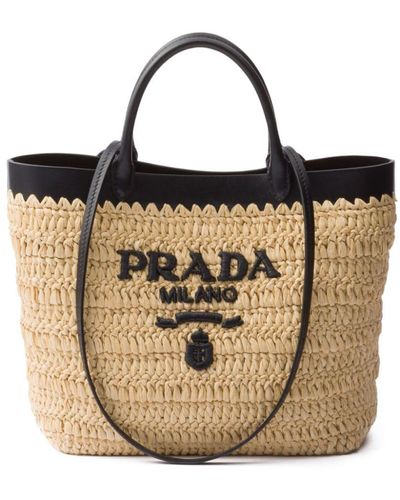 Prada Shopper mit Lederbesatz - Natur