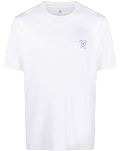Brunello Cucinelli T-shirt à logo imprimé en soie mélangé - Blanc