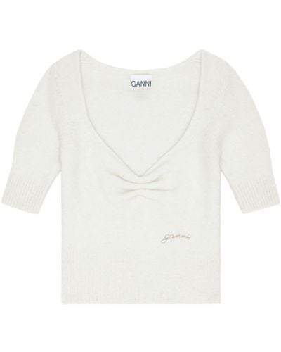 Ganni Short-sleeve Ruched Knit Top - White