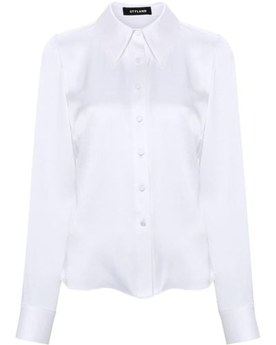 Styland Straight-collar Satin Shirt - White