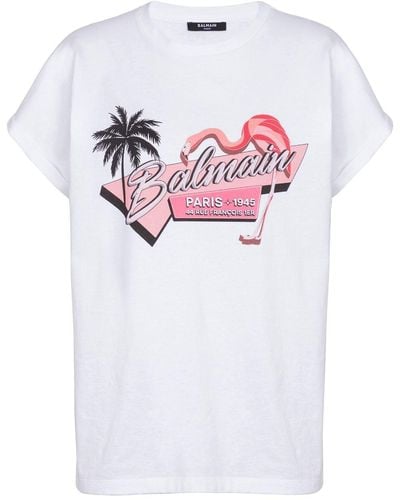Balmain T-Shirt mit Flamingo-Print - Weiß