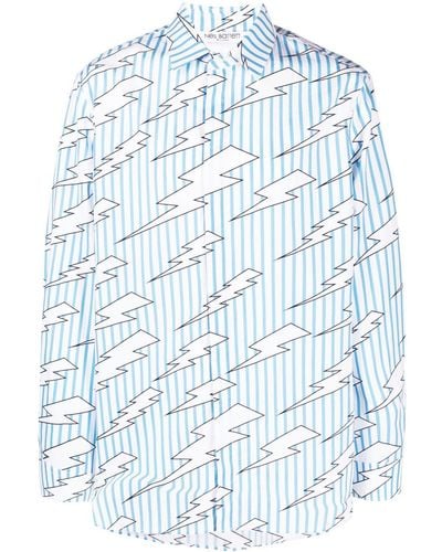 Neil Barrett Lightning-print Striped Cotton Shirt - Blue