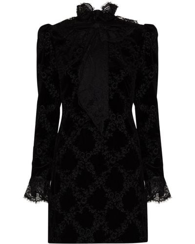 Saint Laurent Vestido corto con encaje y lazo en el cuello - Negro