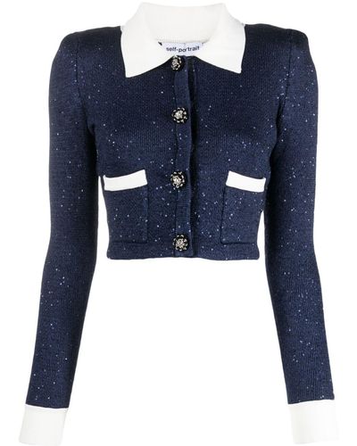 Self-Portrait Cropped Knitted Jacket - Blue