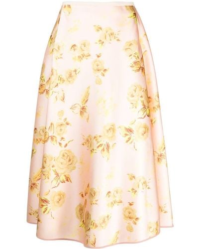 ODEEH Floral Flared Midi Skirt - Natural