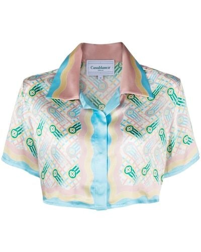 Casablancabrand Ping Pong Silk Cropped Shirt - Blue