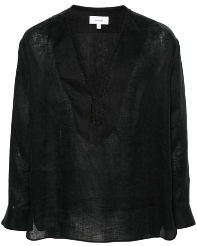 Lardini V-neck Linen Shirt - Black