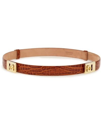 Ferragamo Gancini Crocodile-effect Leather Belt - Brown