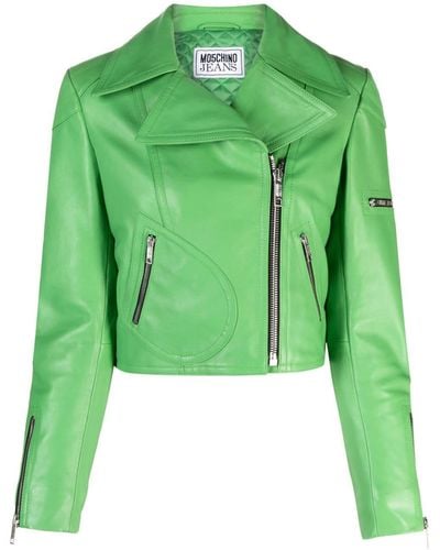 Moschino Jeans Zipped Leather Biker Jacket - Green