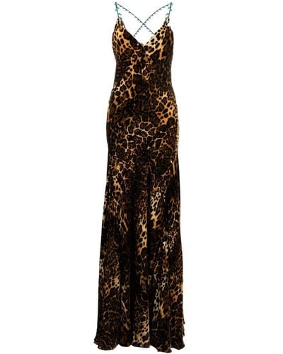 Roberto Cavalli Crisscross Back Leopard Print Maxi Dress - Natural