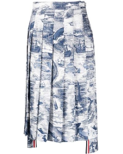 Thom Browne Nautical-print Pleated Skirt - Blue