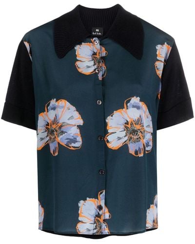 PS by Paul Smith Floral-print Panelled Shirt - Black