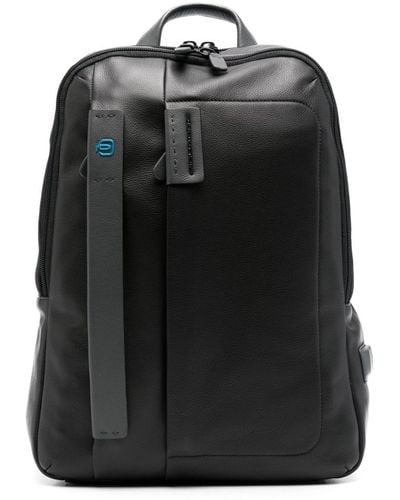 Piquadro Logo-plaque Leather Laptop Backpack - Zwart