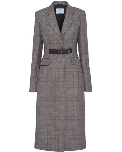 Prada Galles Wool Coat With Leather Belt - Grey