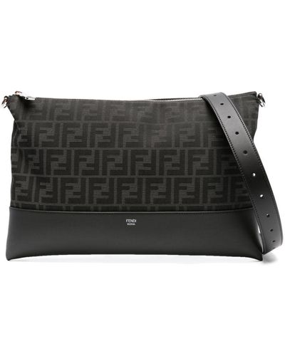 Fendi Ff Logo-jacquard Zip-up Shoulder Bag - Black