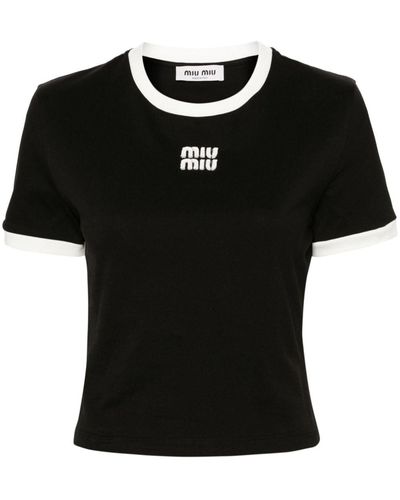 Miu Miu Camiseta corta con parche del logo - Negro