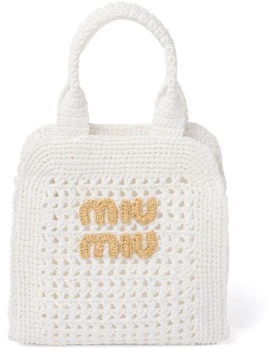 Miu Miu Crochet Raffia Tote Bag - White