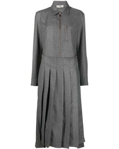 Fendi Spread-collar Pleated Midi Dress - Grey
